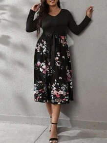 SHEIN LUNE Plus Floral Print Belted Dress - Black - View 6