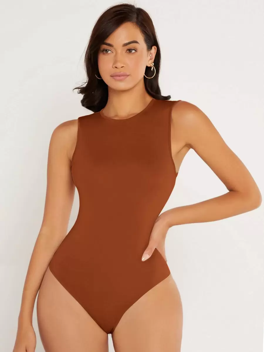 SHEIN BASICS Solid Round Neck Fitted Tank Bodysuit - Rust Brown - View 1