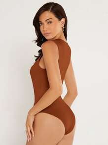 SHEIN BASICS Solid Round Neck Fitted Tank Bodysuit - Rust Brown - View 3