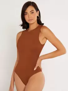 SHEIN BASICS Solid Round Neck Fitted Tank Bodysuit - Rust Brown - View 6