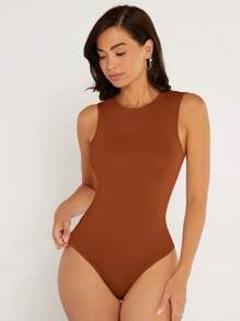 SHEIN BASICS Solid Round Neck Fitted Tank Bodysuit - Rust Brown - View 4