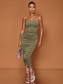 SHEIN BAE One Shoulder Ruched Bodycon Dress - Army Green - View 4