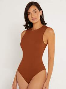 SHEIN BASICS Solid Round Neck Fitted Tank Bodysuit - Rust Brown - View 7