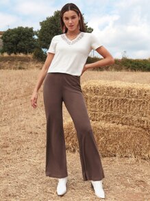 SHEIN Quần nữ màu trơn Giải trí - Màu nâu Sô-cô-la - Xem 3
