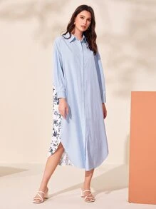 Mulvari Đầm Nút phía trước Hoa Sọc Giải trí - Xanh và trắng - Xem 4