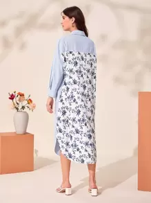 Mulvari Đầm Nút phía trước Hoa Sọc Giải trí - Xanh và trắng - Xem 1