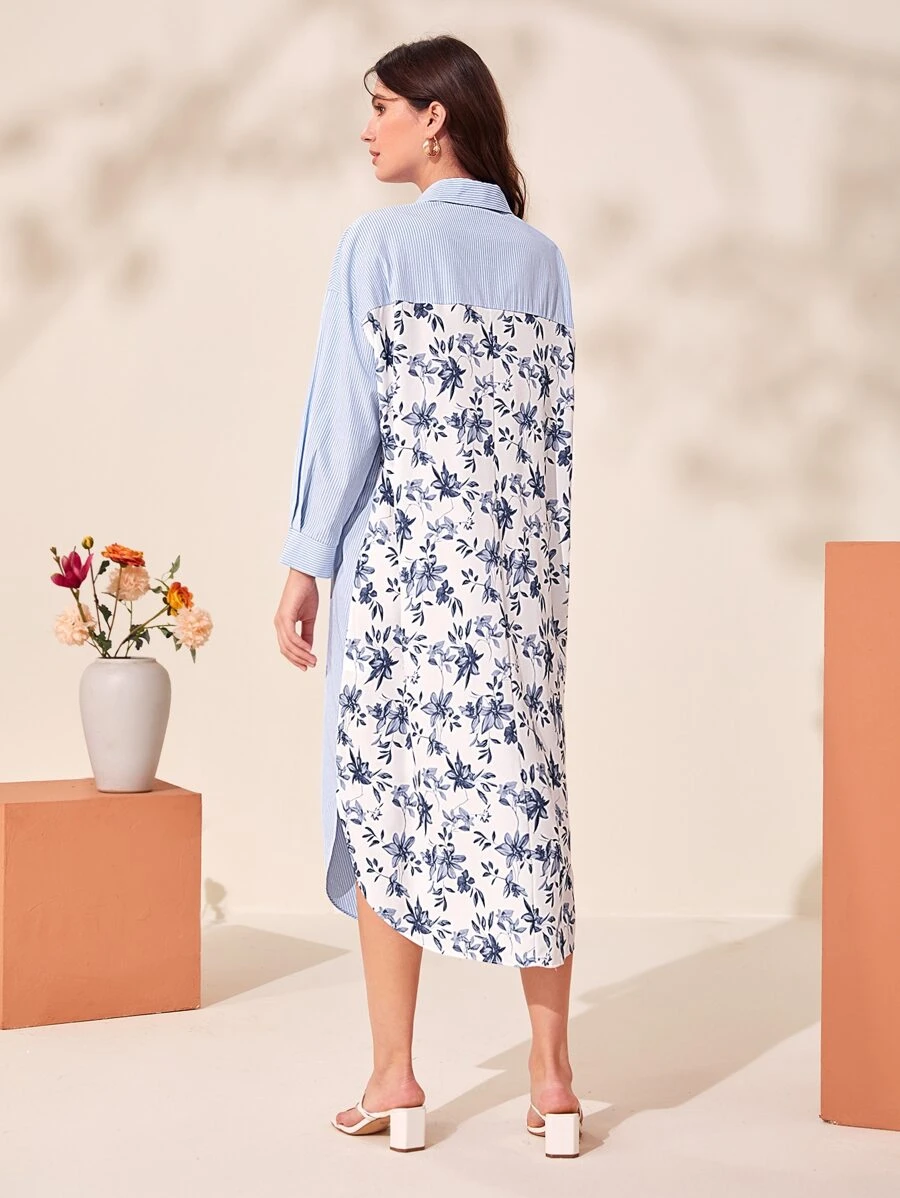 Mulvari Đầm Nút phía trước Hoa Sọc Giải trí - Xanh và trắng - Xem 1