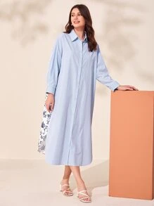 Mulvari Đầm Nút phía trước Hoa Sọc Giải trí - Xanh và trắng - Xem 5