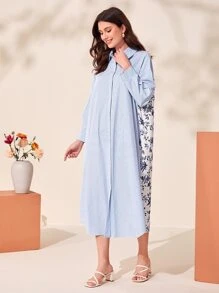 Mulvari Đầm Nút phía trước Hoa Sọc Giải trí - Xanh và trắng - Xem 2