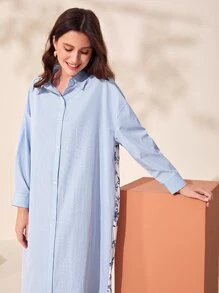 Mulvari Đầm Nút phía trước Hoa Sọc Giải trí - Xanh và trắng - Xem 3