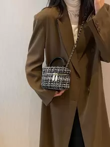 Lightweight,Business Casual Lightweight, Portable Casual, Fashion Mini Plaid Tweed Chain Bucket Bag For Girls, Women, College Students, Rookies & White-collar Workers For Fall, Winter Essential, For Work, Office, Commute, College, For Autumn & Winter, Outdoors For Teen Girls Women College Students,Rookies & White-collar Workers Perfect for Office,College,Work ,Business,Commute,Outdoors, Travel, Outings - Black and White - View 3