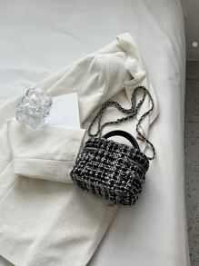 Lightweight,Business Casual Lightweight, Portable Casual, Fashion Mini Plaid Tweed Chain Bucket Bag For Girls, Women, College Students, Rookies & White-collar Workers For Fall, Winter Essential, For Work, Office, Commute, College, For Autumn & Winter, Outdoors For Teen Girls Women College Students,Rookies & White-collar Workers Perfect for Office,College,Work ,Business,Commute,Outdoors, Travel, Outings - Black and White - View 6