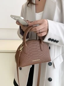 防水、輕盈、商務休閒迷你蛇皮壓花字母細節圓頂包復古適合青少年女大學生、菜鳥和白領非常適合辦公室、大學、工作、商務、通勤 - 棕色 - 查看 1