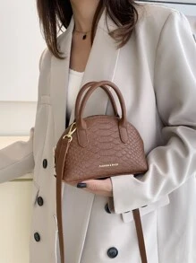 防水、輕盈、商務休閒迷你蛇皮壓花字母細節圓頂包復古適合青少年女大學生、菜鳥和白領非常適合辦公室、大學、工作、商務、通勤 - 棕色 - 查看 2