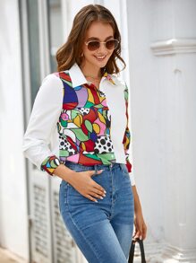 SHEIN Clasi Camisa con estampado de lunares & geométrico con botón delantero - Blanco - Ver 3