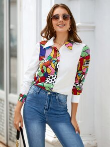 SHEIN Clasi Camisa con estampado de lunares & geométrico con botón delantero - Blanco - Ver 1
