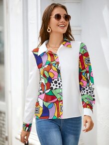 SHEIN Clasi Camisa con estampado de lunares & geométrico con botón delantero - Blanco - Ver 4