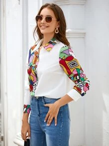 SHEIN Clasi Camisa con estampado de lunares & geométrico con botón delantero - Blanco - Ver 5