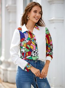 SHEIN Clasi Camisa con estampado de lunares & geométrico con botón delantero - Blanco - Ver 6