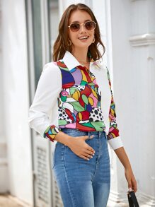 SHEIN Clasi Camisa con estampado de lunares & geométrico con botón delantero - Blanco - Ver 7