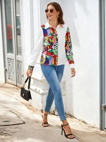 SHEIN Clasi Camisa con estampado de lunares & geométrico con botón delantero - Blanco - Ver 8