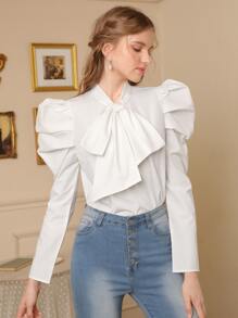 SHEIN MOD Tie Neck Gigot Sleeve Top - White - View 1