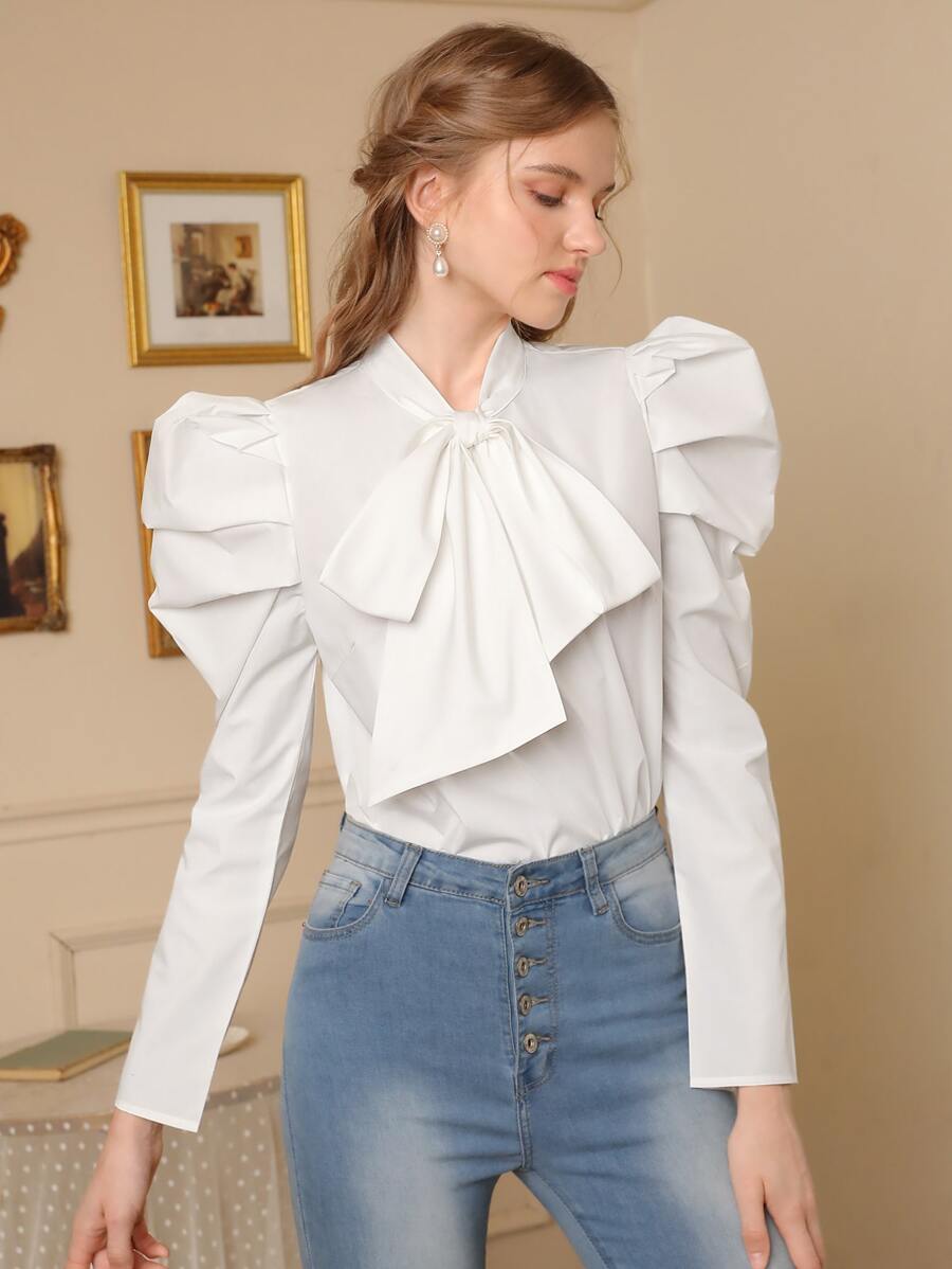 SHEIN MOD Tie Neck Gigot Sleeve Top - White - View 1