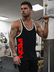 Fitness Men Letter Graphic Contrast Binding Racer Back Sports Tank Top - Black - View 1