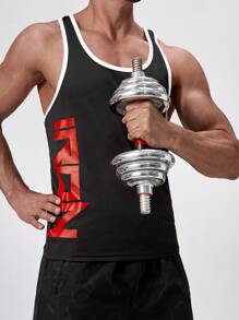 Fitness Men Letter Graphic Contrast Binding Racer Back Sports Tank Top - Black - View 3