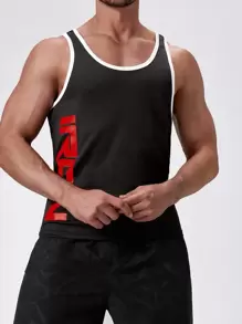 Fitness Men Letter Graphic Contrast Binding Racer Back Sports Tank Top - Black - View 4