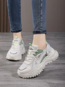 Letter Patch Decor Lưới Panel Giày thể thao Chunky buộc dây phía trước, Giày thể thao nữ, Màu be với Patches Letter - Màu be - Xem 1