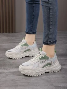 Letter Patch Decor Lưới Panel Giày thể thao Chunky buộc dây phía trước, Giày thể thao nữ, Màu be với Patches Letter - Màu be - Xem 2