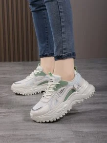 Letter Patch Decor Lưới Panel Giày thể thao Chunky buộc dây phía trước, Giày thể thao nữ, Màu be với Patches Letter - Màu be - Xem 3