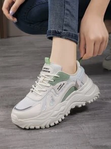 Letter Patch Decor Lưới Panel Giày thể thao Chunky buộc dây phía trước, Giày thể thao nữ, Màu be với Patches Letter - Màu be - Xem 4