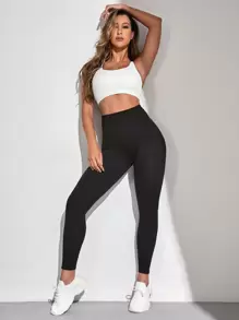 Gameset SHEIN Sport Yoga Leggings Seamless Rib-Knit Tummy Control Training Tights With Wide Waistband Workout Leggings Spandex - Black - View 5