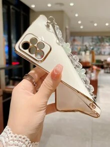Funda para móvil marco en contraste con con diseño de flor correa de mano - Beis - Ver 5