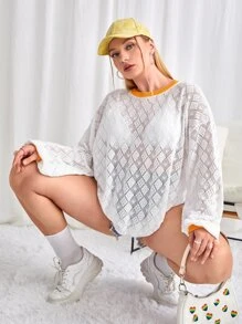 SHEIN EZwear Plus 1pc Pointelle Knit Contrast Trim Drop Shoulder Sweater - White - View 1