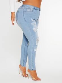 SHEIN SXY 大碼破洞緊身牛仔褲 - 淺色水洗藍 - 查看 5