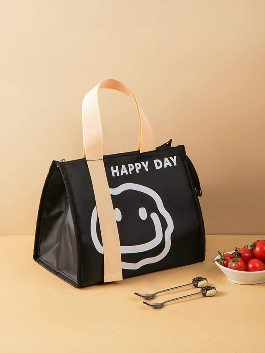 1pc Polyester Lunch Bag, Cartoon Graphic Contrast Tape Insulated Portable Bag For Working, Schooling - Black - View 1