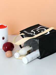 1pc Polyester Lunch Bag, Cartoon Graphic Contrast Tape Insulated Portable Bag For Working, Schooling - Black - View 2