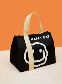 1pc Polyester Lunch Bag, Cartoon Graphic Contrast Tape Insulated Portable Bag For Working, Schooling - Black - View 4