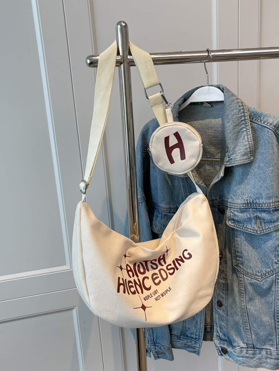 Waterproof,Lightweight,Business Casual Slogan Graphic Canvas Hobo Bag With Coin Purse For Teen Girls Women College Students,Rookies & White-collar Workers Perfect for Office,College,Work ,Business,Commute - Beige - View 1