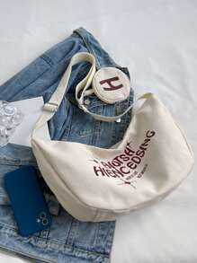 Waterproof,Lightweight,Business Casual Slogan Graphic Canvas Hobo Bag With Coin Purse For Teen Girls Women College Students,Rookies & White-collar Workers Perfect for Office,College,Work ,Business,Commute - Beige - View 5