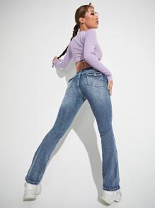 SHEIN ICON 素色水洗牛仔褲 - 中等水洗藍 - 查看 4