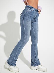 SHEIN ICON 素色水洗牛仔褲 - 中等水洗藍 - 查看 5