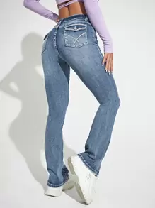 SHEIN ICON 素色水洗牛仔褲 - 中等水洗藍 - 查看 1