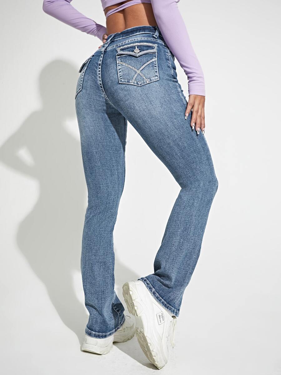 SHEIN ICON 素色水洗牛仔褲 - 中等水洗藍 - 查看 1