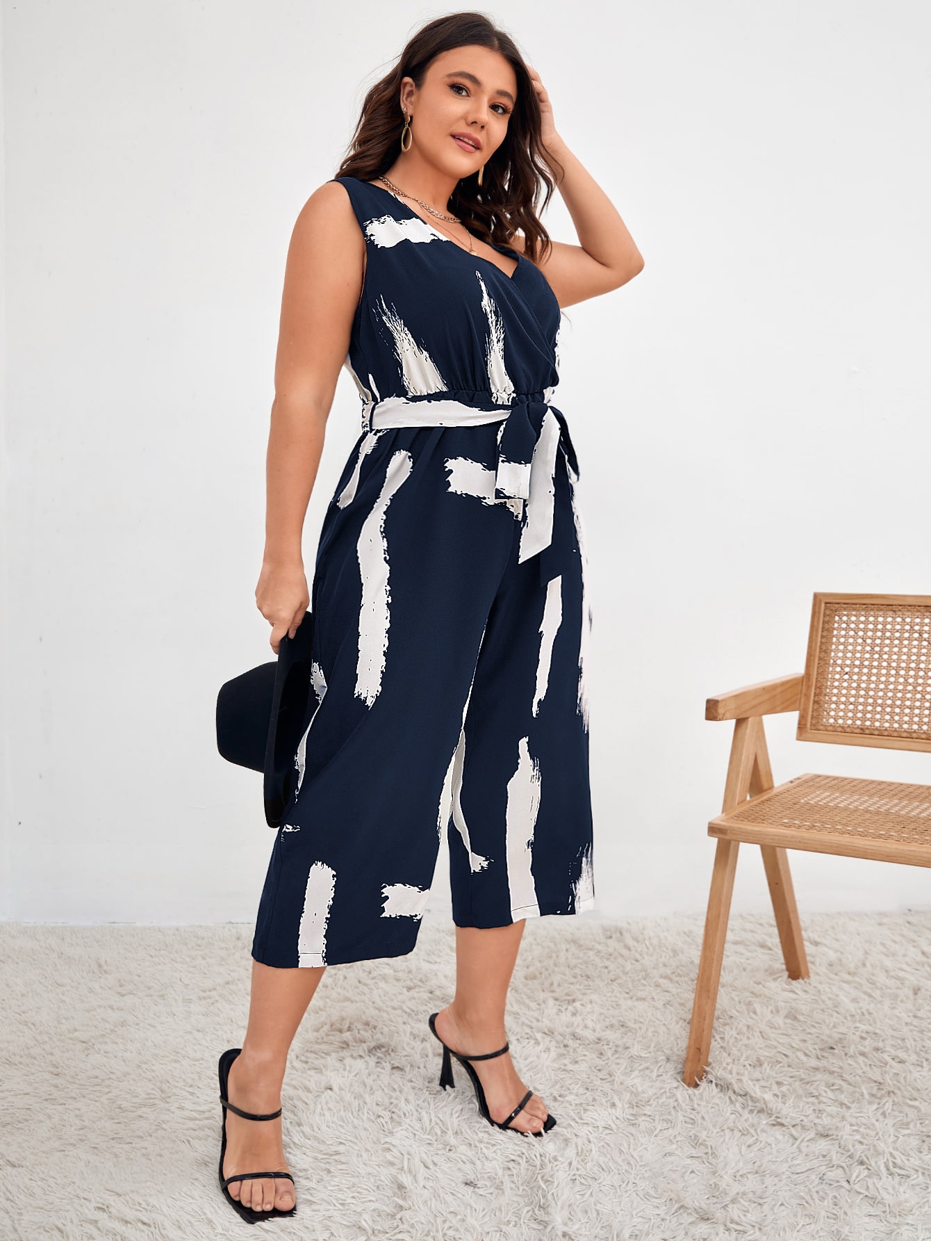 SHEIN Clasi Plus Brush Print Belted Jumpsuit SHEIN USA