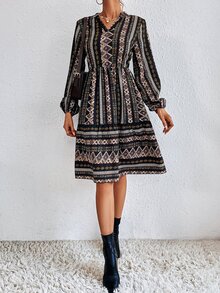 SHEIN Unity 幾何印花燈籠袖洋裝 - 彩色 - 查看 4