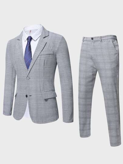 Calvornis Men 1pc Plaid Lapel Collar Blazer & 1pc Suit Pants